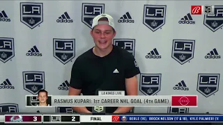 Rasmus Kupari speaks with media after scoring his first career NHL goal.