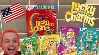 British Guy Eats American Cereal For The First Time *LUCKY CHARMS* Food review | 100th Video | B&M