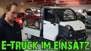 Wir fahren den E-Truck von Aixam, und bringen damit zwei Agora weg.