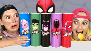 Mukbang Giant Pringles with Superheroes프링글스를 먹으면 무엇으로 변할까요! 마법 Elsa Frozen VS Hulk Compilstion By MI