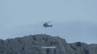 Hellenic Air Force SAR AS332C1 Super Puma very low flight over mountainous area and Chios Strait.