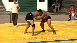 Naga wrester throws an opponent to the ground   Hornbill Naga Wrestling competition