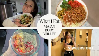 FULL DAY OF EATING: Vegan Body Builder, 9 weeks out, VLOG, DIML, Hair cut, studying, meal prepping