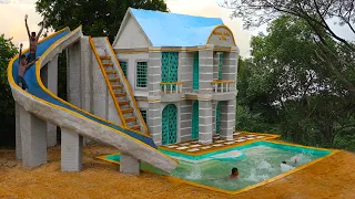 Building The Most Creative Contemporary Mud Villa And Modern Design Water Slide To Swimming Pool