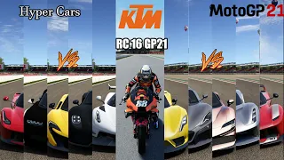 MotoGP Vs Hyper Cars || KTM RC 16 GP 21 VS Top 10 Fastest Hyper Cars || Drag Battle || 4K ||