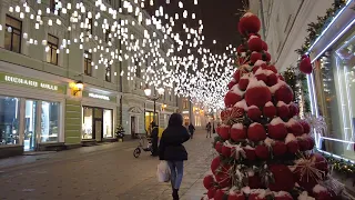 🎄Moscow Walking tour, Christmas & New Year lights. Stoleshnikov, Bolshaya Dmitrovka st. Russia.