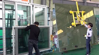 Process of making double glazed window. Sliding door factory in Korea