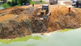 Wow Amazing Work DumpTruck 25TON Unloading Soil Filling With Dozer KOMATSU Push Soil In Water