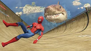 GTA 5 Water Ragdolls | SPIDERMAN vs MEGALODON Shark Jumps/Fails (Funny Moments) Ep.106