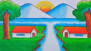 How to A Draw Village Scenery Step by Step Very Easy | Landscape Drawings Easy Real Village Scenery