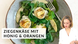 Salat mit überbackenem Ziegenkäse und Honig-Orangendressing