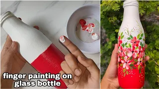 Beautiful red and white glass bottle painting idea. Easy glass bottle painting technique with finger