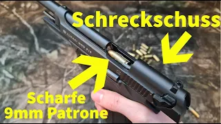 Scharfe 9mm Patrone in 9mm Schreckschuss Pistole laden und schießen, ist das möglich?