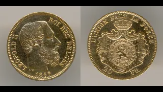 Нумизматика. Золотая монета. Бельгия, 20 франков 1869 года.  About Uncirculated.