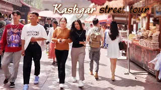 Walk tour in Kashgar ancient city in Xinjiang, China. Lots of delicious food and many tourist