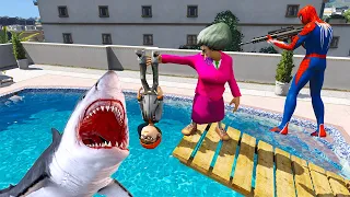 Scary Teacher 3D - Spiderman vs Miss'T Shark Battle in The Pool ( Nick Rescue )- Game Animation