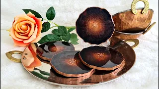 #1070 Beautiful Black And Copper Geode Shaped Resin Coasters