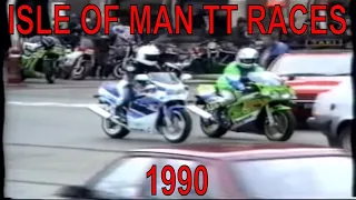 ISLE OF MAN TT RACES 1990 Arrival in Douglas & Formula 1 Superbike race start from the Grandstand.