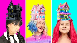 Wednesday vs Enid vs Mermaid - One Colored House Challenge! Funny Relatable Situations by Gotcha!