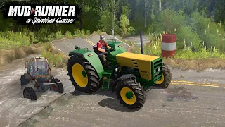 Spintires MudRunner - BUHRER 6105 CLASSIC Pulls A Rusty Tractor Out Of A Road Collapse
