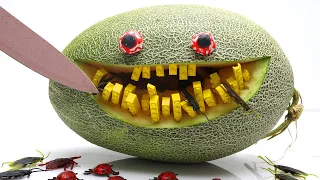 STOP MOTION COOKING - Asmr Mukbang Pacman watermelon roll meets a black bug IRL 4K | Cuckoo