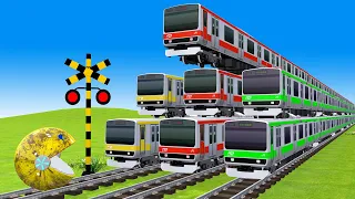 【踏切アニメ】あぶない電車 TRAIN Vs MS PACMAN Vs Nick and Tani World🚦 踏切 Fumikiri 3D Railroad Crossing Animation