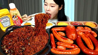 ASMR MUKBANG| 직접 만든 불닭 짜장 버섯 킬바사 소세지 먹방 & 레시피 FRIED SAUSAGE AND FIRE NOODLES EATING