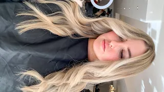 Full Head Blonde Balayage covering dark regrowth | Using REDKEN Shades EQ