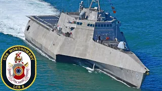 US Navy fast trimaran testing armament. Independence-class littoral combat ship.