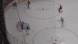 Corey Crawford with a slap shot in the face from Shea Weber