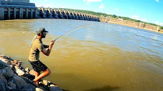 FLY FISHING for CATFISH Below MASSIVE RIVER SPILLWAY! (INSANE)