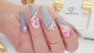Pink and grey nails. Lace nail art. Transfer Foil Gel design. Nails trends 2022