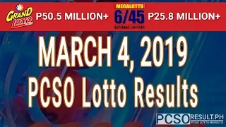 PCSO Lotto Result Today March 4, 2019 (6/55, 6/45, 4D, Swertres, STL & EZ2)