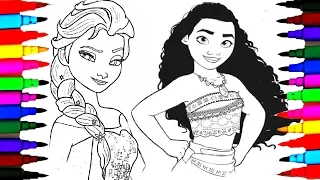 Disney Frozen Princess Moana Coloring Pages l Disney Princess Drawing Videos To Color For Kids