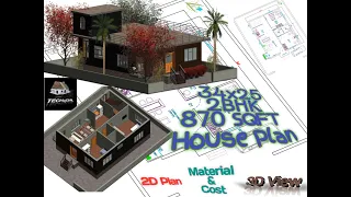 2BHK 34X25 HOUSE 870SQFT | HOUSE PLAN 2D MATERIAL COST | 3D ROOM VIEW | 2 ROOM 2D TO 3D VIEW