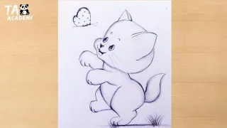 Baby kitten with Butterfly pencildrawing scenery