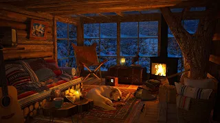 Cozy TREE HOUSE Ambience | Cold WINTER night in the Treehouse with SNOWFALL and FIREPLACE sounds