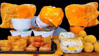 ASMR 뜨~끈한 육개장🍜유부초밥 밥버거 뿌링치즈볼 불닭마요소스 찍먹방~! Hot Noodles With Rice Burger Sausage Cheese Ball MuKbang!