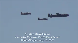 WWII AVRO LANCASTER BOMBER Flying over the Welland Canal in 2020