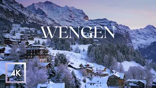 Relaxing Snowy Wengen Village, Lauterbrunnen, Switzerland 4K HDR, Winter Snow Walk