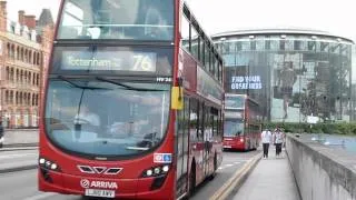 London Buses on Routes 76 & 341 cross Waterloo Bridge northbound