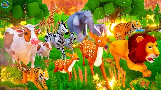 Great Escape: Animals Flee from Raging Forest Fire | Elephant Tiger Giraffe Zebra Deer Action Scene