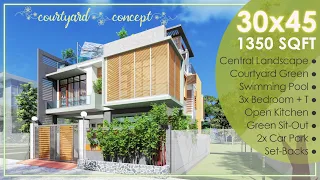 30X45 Feet | 1350 sqft House with Certral Landscape Courtyard | 150 Gaj | 9X13.7 Mtr. House | ID-104