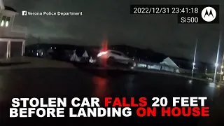 Stolen car falls 20 feet before landing on house