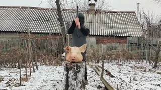 Тест легкого-боевого топора на свиной  голове.