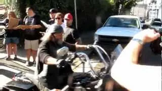 Mark Boone JR of "Sons of Anarchy" riding his Harley Davidson in Hollywood