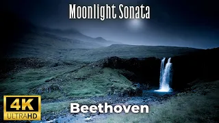 4K Dark Night Moonlight Relaxing Scenic Video - Beethoven - Moonlight Sonata (complete) - 4K