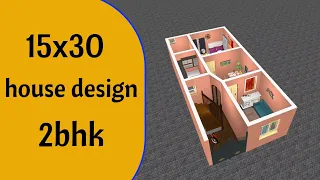 15x30 (50 Gaj) small house design with 2 bedrooms in 3d