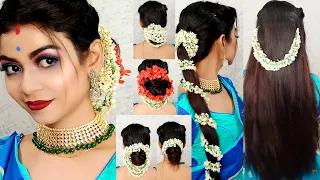 Gajra hairstyles for Karwachauth/Durgapuja/Diwali special  traditional looks|easy Gajra hairstyles|