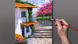 Acrylic Painting Italian Garden Village